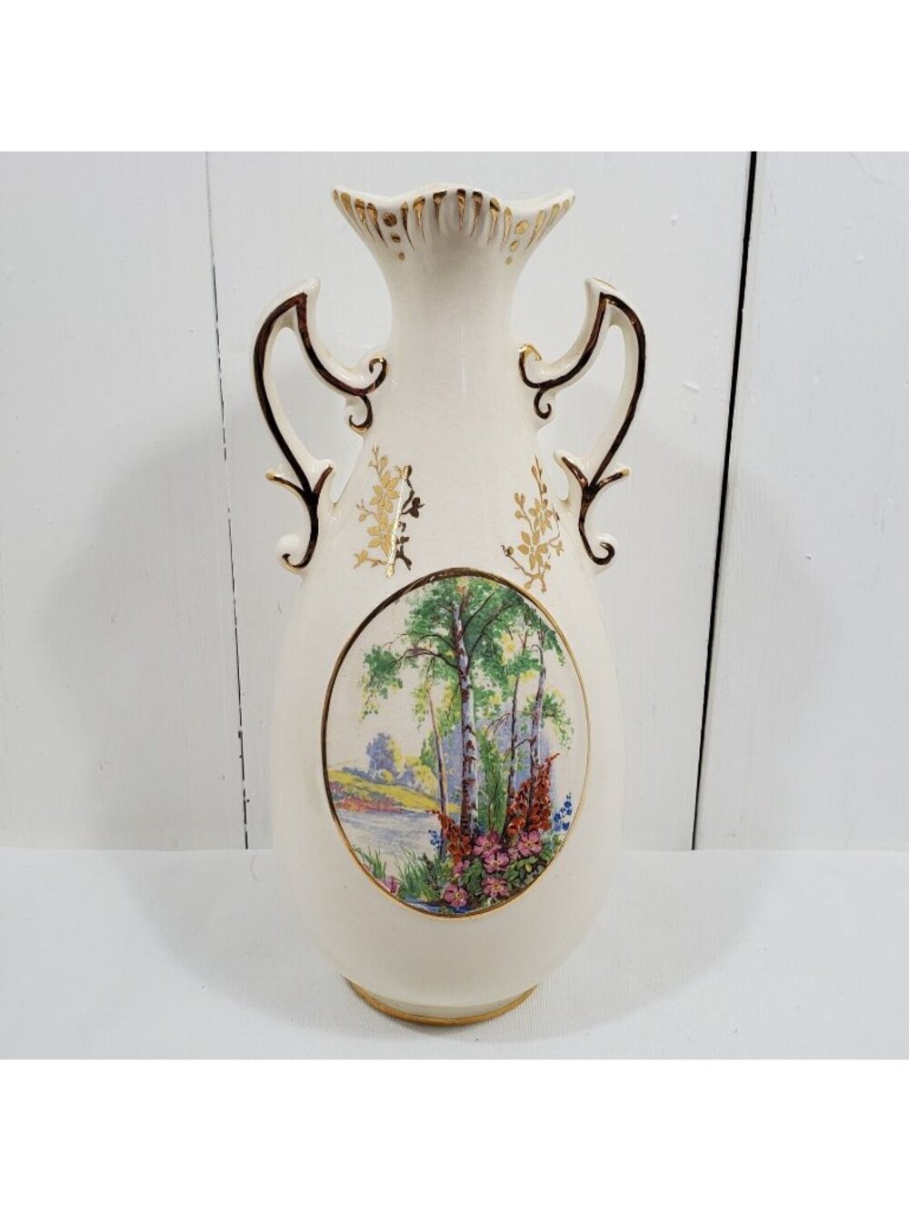Vintage Royal Fenton Vase Staffordshire England Porcelain Country Cottage Gold T